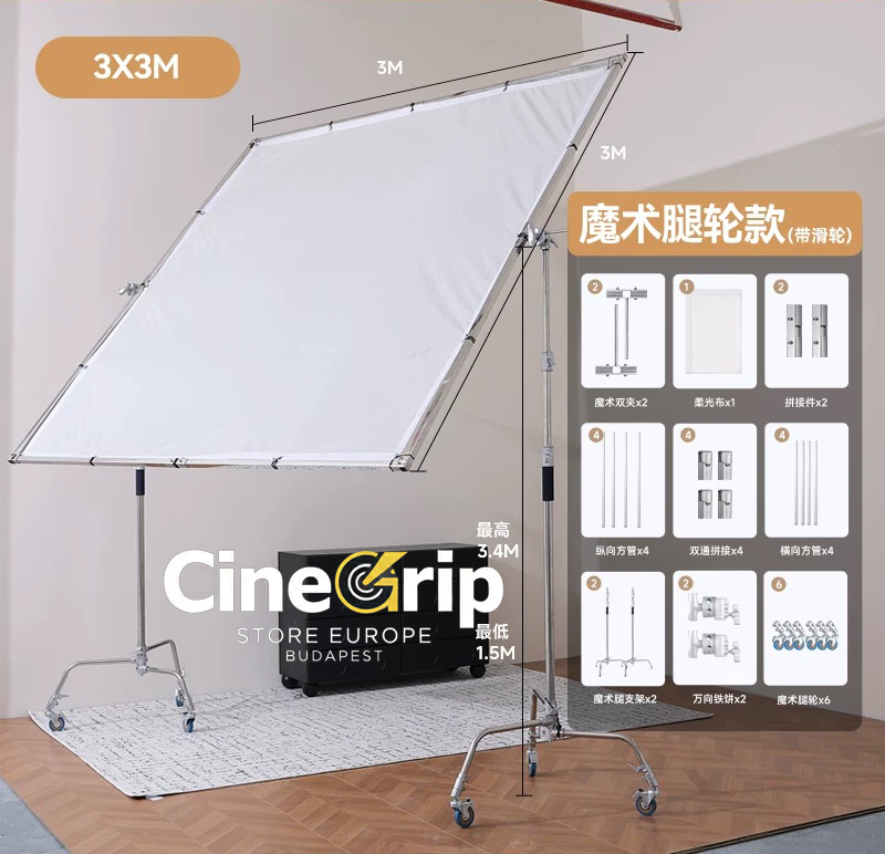 CineGrip Pro Butterfly Diffuser Kit with C-Stand & Wheels (2x2m / 2.5x2.5m / 3x3m)